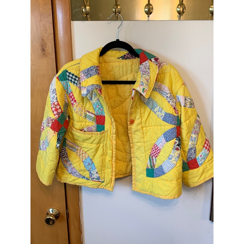 Vintage Handmade Quilt Jacket Yellow Wedding Ring Patchwork Cropped Cottagecore